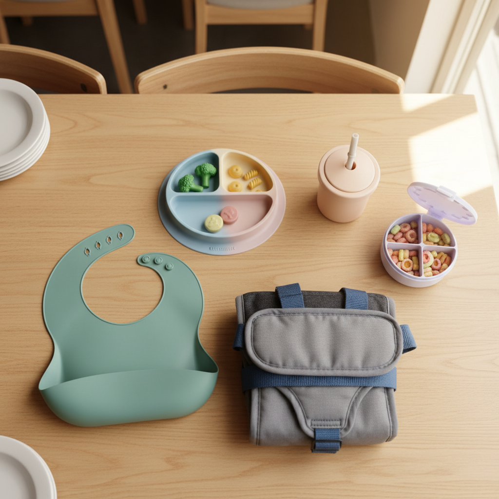 아이와 외식 필수 준비물 - 부스터시트 턱받이 실리콘 식판 빨대컵